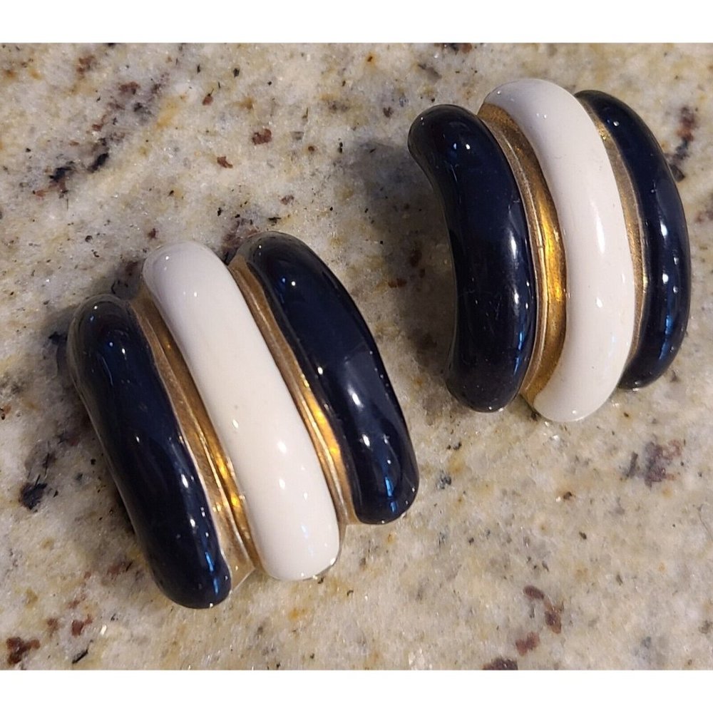 Donald Stannard Black White Gold Large Chunky Enamel Clip Earrings Half Hoop